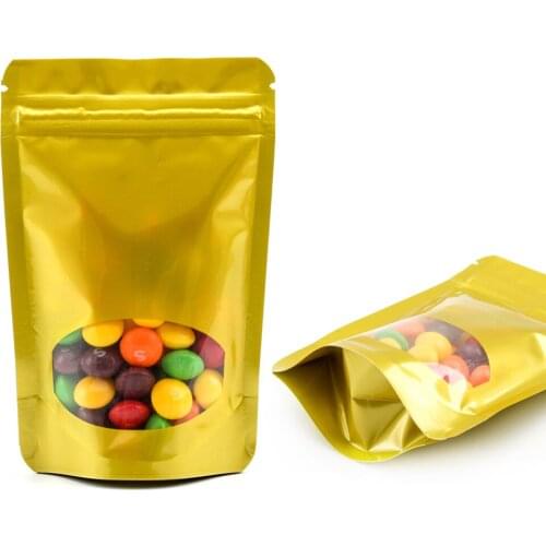 100pcs Double Sides Color Gold Food Snacks Package Zip Bag with Clear Window Heavy Duty Zip Lock Aluminum Foil Bags Stand Up