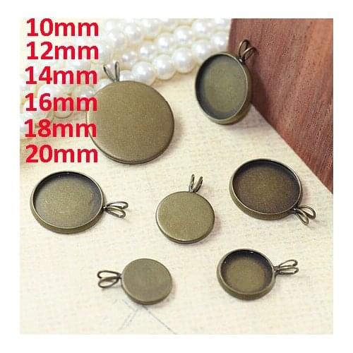 100pcs/lot 10mm,12mm,14mm,16mm,18mm,20mm Bronze Blank Pendant with Hanger Trays Bases Cameo Cabochon Setting for Glass/Stickers