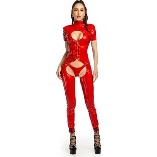 2PCS/SET Wet Look PU Leather Sexy Clubwear PVC Catsuit Open Crotch Short Sleeve Bodysuit Performance Bodycon Bandage Jumpsuits