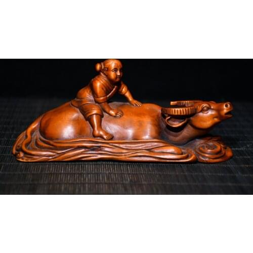 6"China Lucky Old Boxwood Hand-carved Shepherd boy herding cattle statue Zodiac Bull Office Ornaments Town House Exorcism