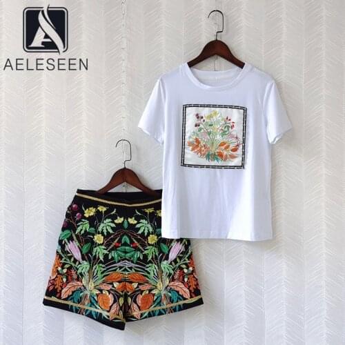 AELESEEN 2021 Designer Fashion Summer Set Diamonds Beading Cotton Tees+Shorts Flowers Print Casual Two Pieces Women Sets