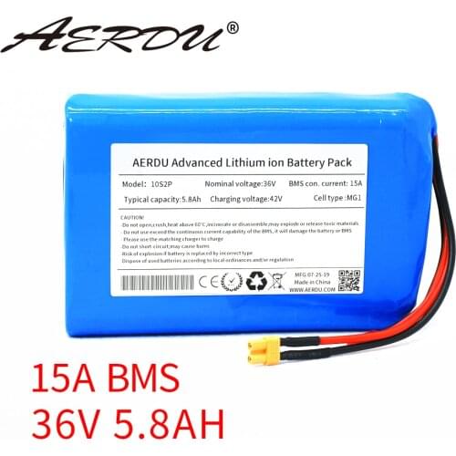 AERDU 36V 5.8AH 6Ah 5Ah 10S2P 400Watt 18650 LI-ION BATTERY PACK EBIKE SCOOTER MOTOR SKATEBOARD 15A BMS XT30 JST 42V
