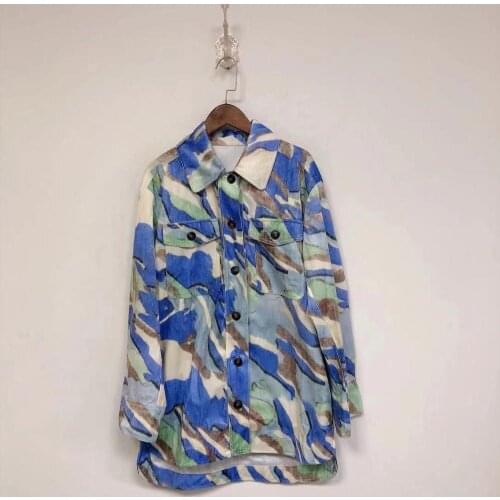 Women Cotton Blend Long Sleeve Lapel Contrast Printed Blouse Shirt Top