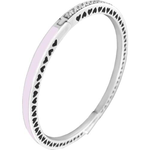 100% 925 Sterling Silver Jewelry Radiant Hearts Bangles with Light Pink Enamel Free Shipping