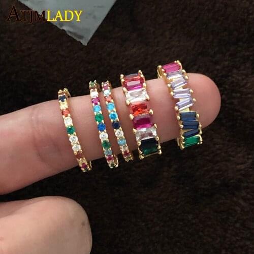 Small Fashion Simple 925 Sterling Silver Thin Rainbow CZ Promise Ring Geometric Engagement Band Stack Stacking Finger Rings