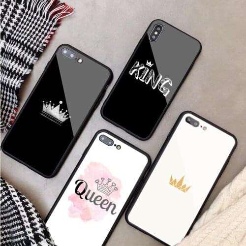 Cartoon Crown King and Queen Tempered Glass Phone Case For iphone 12 11 Pro Max 5 6 7 8 X XS XR XSMax Shell 12Pro Max Cover