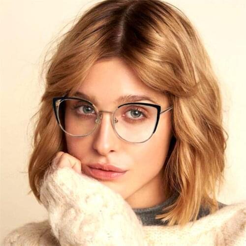New Fashion Cat Eye Glasses for Women Vintage Blue Filter Metal Flat Mirror Optical Spectacles Frame Female Vision Care Eyeglass