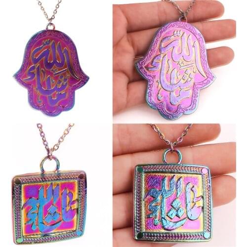 Vintage 1pcs Rainbow Color zinc Alloy Hand of Fatima Religious amulet Necklaces Collar for Gifts free Stainless steel chain 20