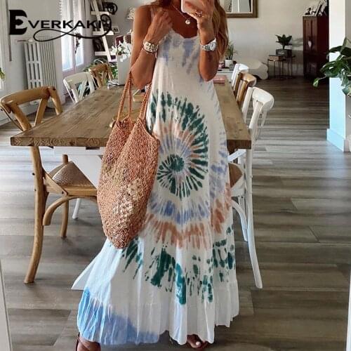 Everkaki Boho Print Maxi Dress Women Summer Vestidos Ethnic Ladies Gypsy Vacation Beach Party Long Dresses Female 2021 Fashion