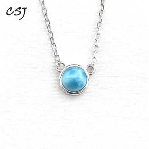 CSJ Real Natural blue larimar pendant sterling silver Round 5mm women lady Necklace Wedding Engagement party Gift Fine Jewelry