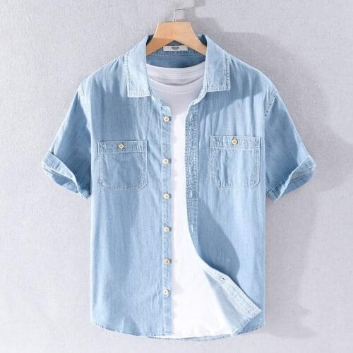 Korean Mens Slim Short-sleeved Denim Shirt 2021 Summer New Blue Business Casual Thin Tops Male Fashion Brand Cowboy Clothes