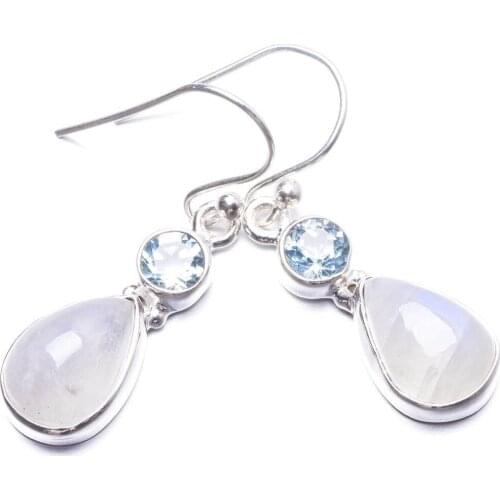 Natural Moonstone and Blue Topaz Handmade Unique 925 Sterling Silver Earrings 1.25" Y3831