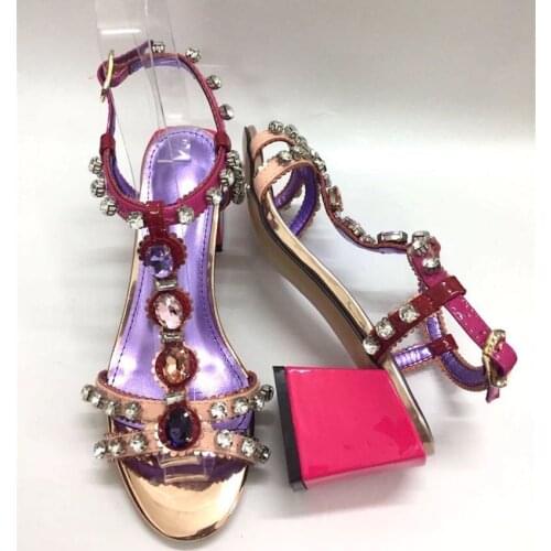 Chic womens rhinestone T-strap sandals 2019 summer high heeled sandals shoes EU35-41 size BY694