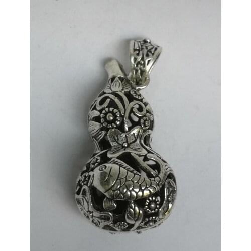 YIZHU CULTUER ART Collection Old China Tibet Silver Handmade Affluence Gourd Fish Flower Pendant Amulet Decoration Gift