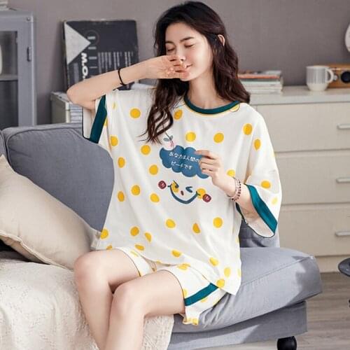 SLPBELY Women Pajamas Set Homewear Summer Cartoon Smiley Short Sleeve Homesuit Nightwear Sleepwear Casual Pyjamas Home Clothing