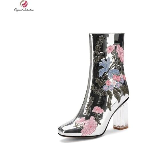 Original Intention Women Ankle Embroider Boots Transparent Chunky Square Heels Silver Square Toe Shoes Woman Plus Size 3-13
