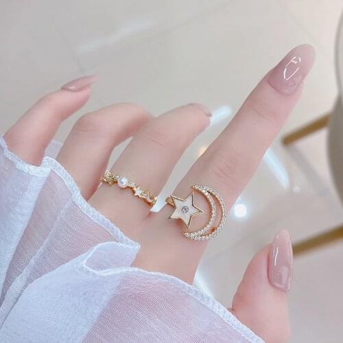 Ins Hot Sale Crystal Star Adjustable Rings for Women New Fashion Brand Jewelry Gift Engagement Pierced Moon Rings