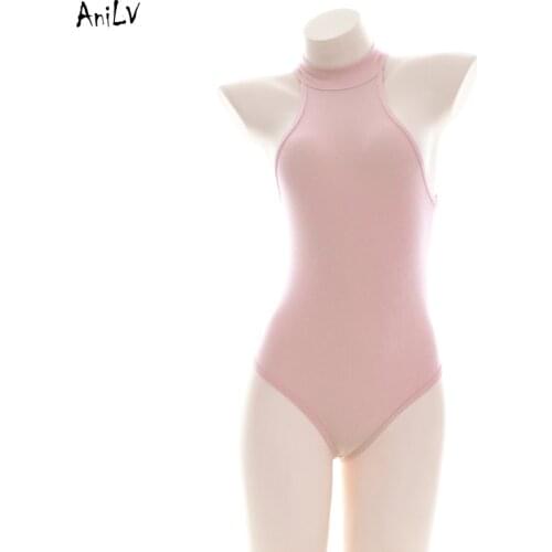 AniLV Cute Loliat Girl Pink Tight Leotard One-piece Swimsuit Costume Summer Beach High Neck Bodysuit Swimwear Uniform Cosplay