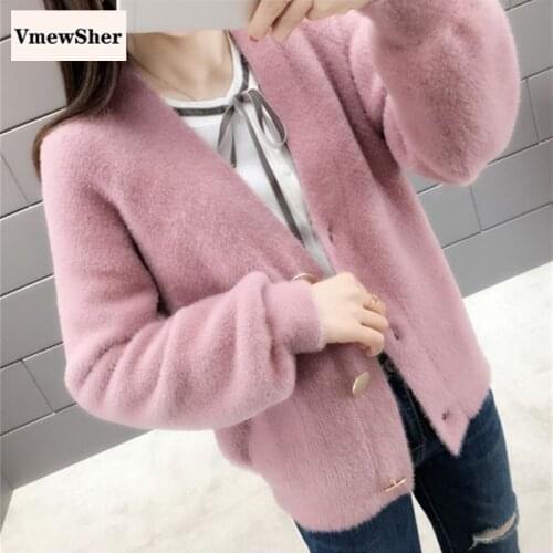 VmewSher New Vintage Cardigan Knitted V Neck Sweater Women 2020 Autumn Winter Long Sleeve Puffy Knitted Sweaters Coat Jackets