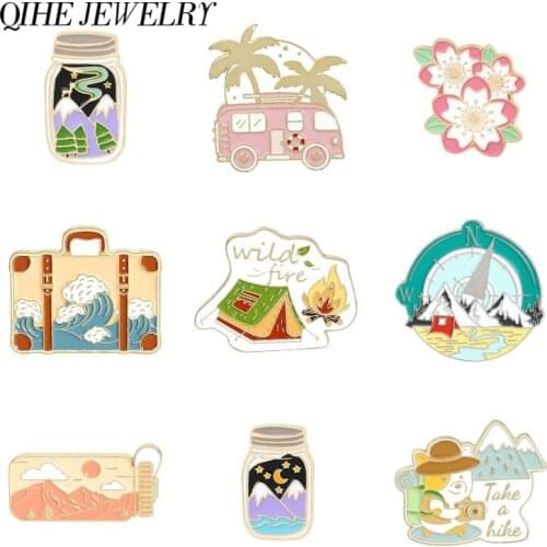 Hiking Pins Collection Camping Badges Trunk Lapel pin Flower Brooches Trees and Mountain Wilderness Jewelry Gift for Hikers