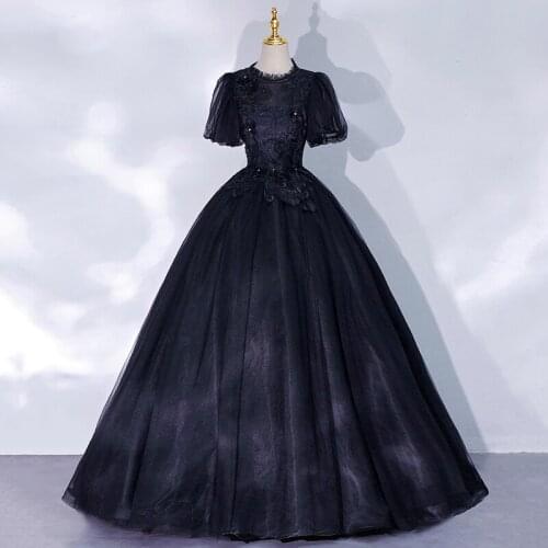 100%real black bubble sleeve embroidery cosplay ball gown royal princess Medieval Renaissance Victorian dress Belle ball