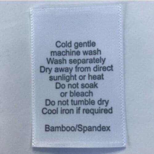 1000pcs , 3 * 5 cm Custom Bamboo/Spandex White satin ribbon print washing tag clothing care label