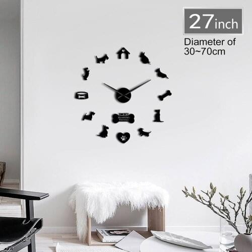 Frameless 3D DIY Silent Scottish Terrier Dog BreedWall Clock With Mirror Effect Stickers Clock Watch Animals Clinic Decor Show