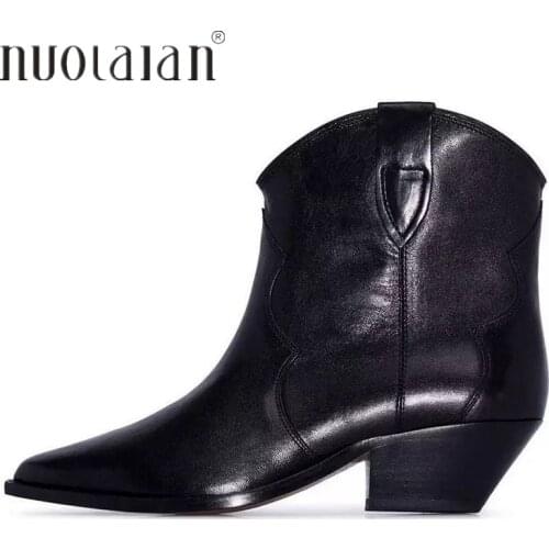 Pointy toe Chunky Heels Ankle Boots for Women Black Leather Short Chelsea Boots Autumn Winter Shoes Woman botas cowboy mujer