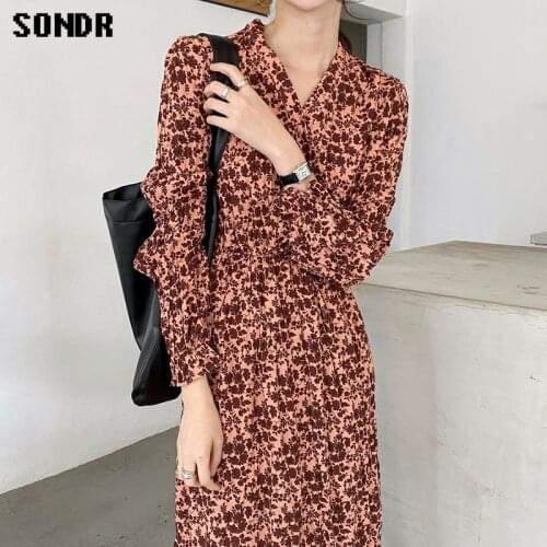 One-Piece Korean WomenS Dress Fall 2020 Office Ladies Dress Vintage Elegant V-Neck Long Sleeve Floral Ruffled Dress Long Dress
