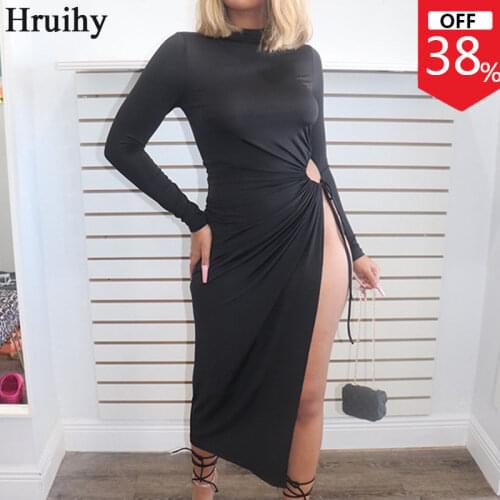 Black Dress Women Long Sleeve O Neck Single Hem Split Draped Sexy Dress Summer Lacing Up Fashion Party Clubwear Long Dress