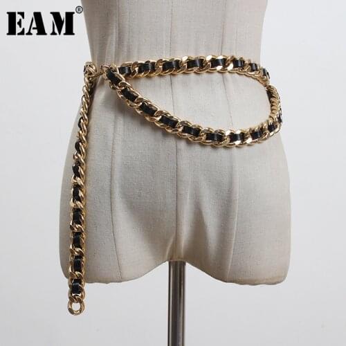 [EAM] Pu Leather Black Metal Chain Split Joint Long Belt Personality Women New Fashion Tide All-match Spring 2021 1T186