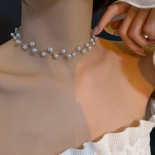 Elegant Pearl Branch Modeling Silvery Clavicle Chain Korean Choker Necklace For Woman‘s Fashion Jewelry Girls Sexy Neck Chain
