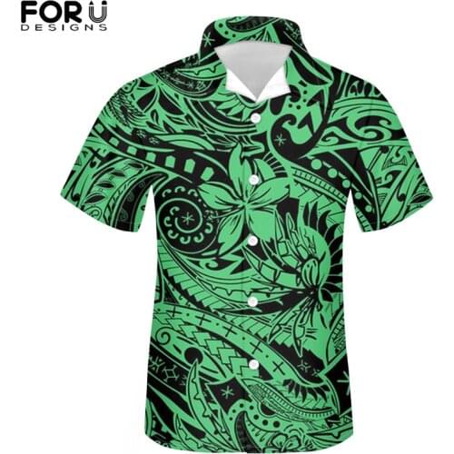 FORUDESIGNS Hawaii Polynesia Plumeria Printing Men Short Sleeve Buttons Shirts Comfortable Lapel Shirt Clothes Vetements Hommes