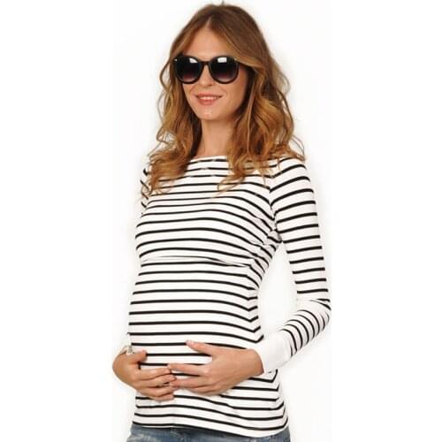Striped Pregnancy Tee Long-Sleeve maternity T-shirt Autumn nursing top breastfeeding Slim-fit mama tshirt black&white mom shirt