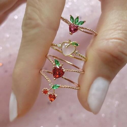 Ins Cute Fruit Rings For Teen Girls Gifts Crystal Cherry Gold Color Finger Accessories Womens Korean Jewelry Trend 2021 KBR055