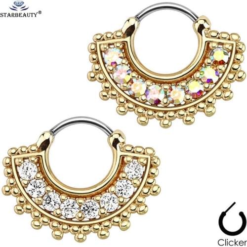 Full CZ Gem Lace Clicker Body Nose Ring Piercing 1.2*10mm Surgical Stainless Steel Nose Clip On Septum Piercing Nose Ring Hoop