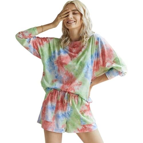 Tie Dye 2 Piece Sets Womens Outfits Three Quarter Sleeve T-shirt High Wiast Shorts Two Piece Set Casual Clothes Lounge Wear New