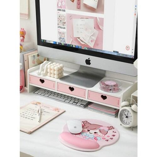 Fashion Pink Monitor Stand With Drawer Girls Desk Organizer Set Multifunction Desktop Shelf Monitor Riser Stand