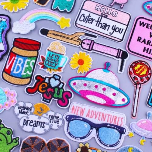 Cartoon Space UFO Applique Patch Rainbow Embroidery Pathes On Clothes Hippie Letter Iron On Patches For Clothing Stickers Badges