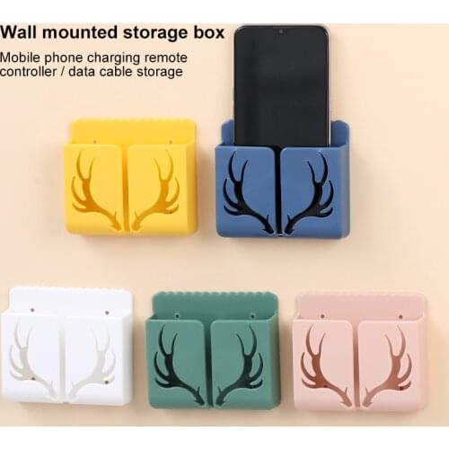 Wall-Mounted Storage Box With Bottom Charging Mobile Phone Remote Control Storage Box Shelf Back Paste Design Phone Plug Holder
