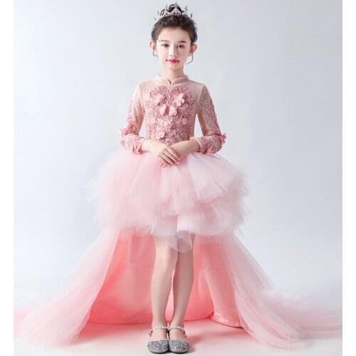 Pink Lace Flower Girls Dresses For Wedding Long Sleeve Communion Dresses Party Prom Princess Gown Pageant Princess Costume