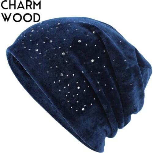 Diy Women Rhinestone Beanie Hat Winter Warm Beanies Ladies Plain Velvet Slouchy Hat Female Balaclava Hat Solid Color