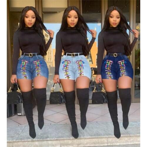 CHRONSTYLE Stylish 2021 Women Ripped Denim Shorts Female Jeans High Waist Front Colorful Drawstring Shorts Close-Fitting Pants