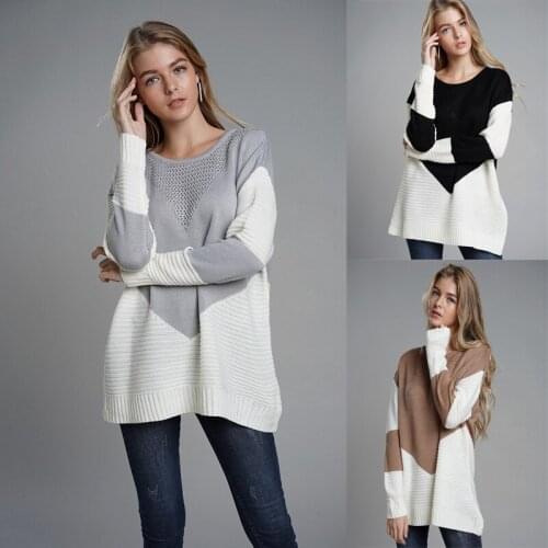 Womens sweater autumn new fashion loose stitching sweater temperament round neck long-sleeved pullover 2021