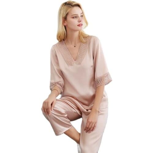 T77168 New Fashion Women Housewear Spring &Summer Clothes Pure color Sleepwear V-neck 100% Silk Pajama Sets
