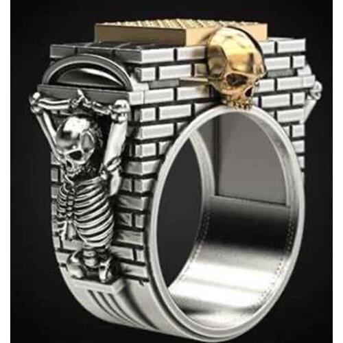 Vintage Gothic Gold Silver Color Skull Ring Men Square Rhinestone Skeleton Great Wall Biker Rings for Women Punk Rock Jewelry