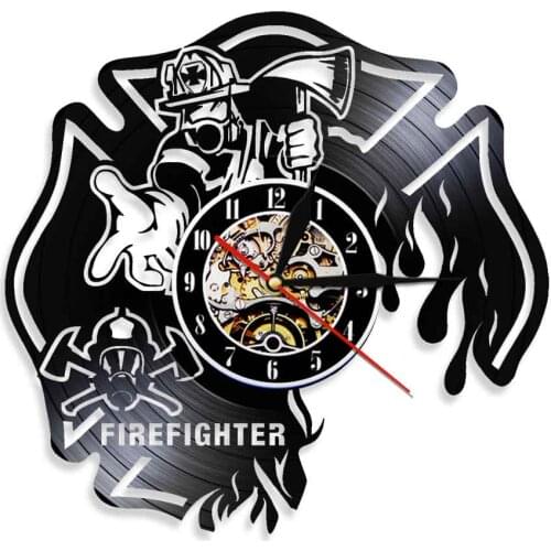 Vintage Vinyl Wall Record Clock Firefighter Modern Design Wall Art Clocks Watch Non-Ticking Creative Home Decor Gift For Firemen