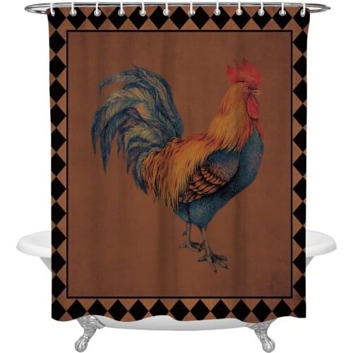 Farm Animal Rooster Retro Plaid Shower Curtain Waterproof Polyester Fabric Bathroom Curtain Home Bath Curtain with Hook