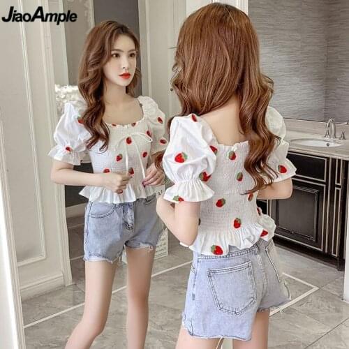 Sexy Slash Neck Shirt for Women 2020 Summer Sweet Print Fruit Puff Sleeve Short Tops Girls Korean Fashion Square Collar Clothing