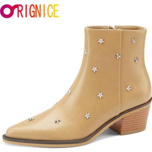 Orignice 2021 New Luxury Women Ankle Boots Fashion Genuine Leather Pointed Toe Star Style Rivets Zipper Party Shoes Apricot